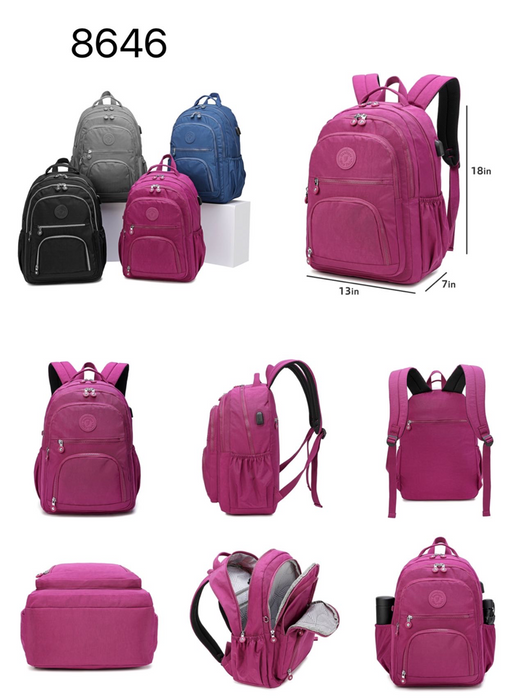 18 Inch Backpack Dark Grey USB Port School Travel Bookbag Daypack B8646
