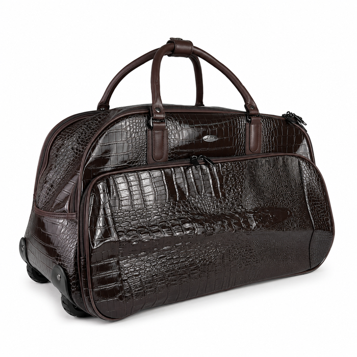 20 Inch Crocodile Embossed Wheeled Duffel Bag for Travel - Coffee Brown