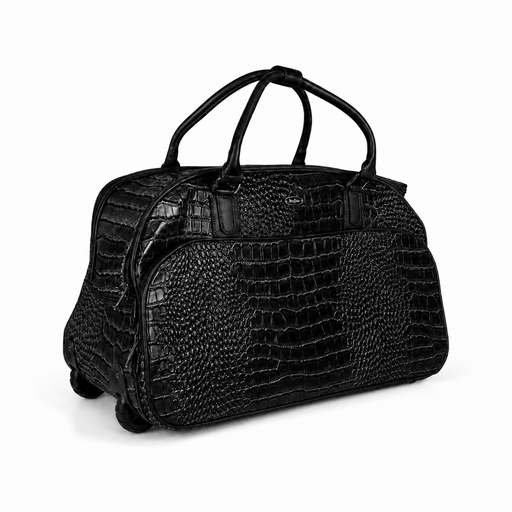 20 Inch Crocodile Embossed Wheeled Duffel Bag for Travel - Black