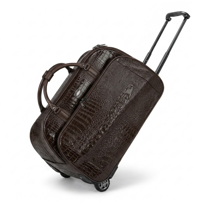 20 Inch Crocodile Embossed Wheeled Duffel Bag for Travel - Coffee Brown