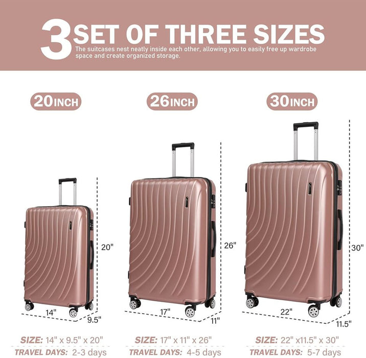 L-948A-3-pc(20'26"30") PC Luggage-Rose Gold(TSA Lock)